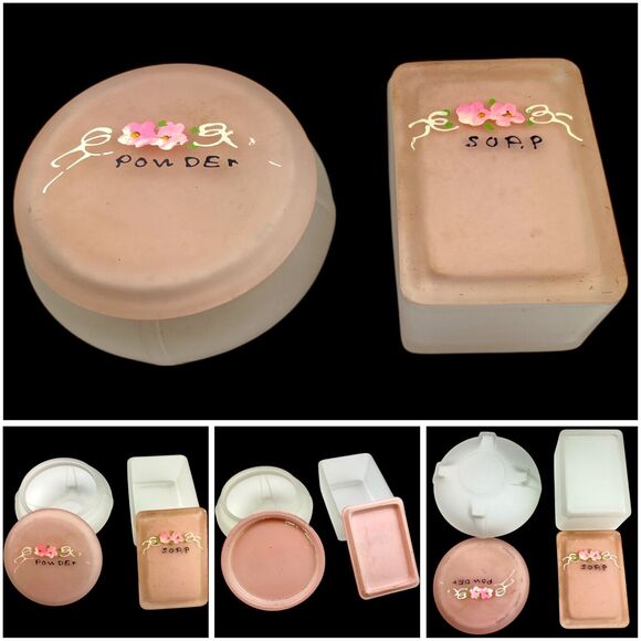 40's Frosted Glass Pink Floral Apothecary Jar Container Vintage 7pc Nursery Set - Picture 6 of 12